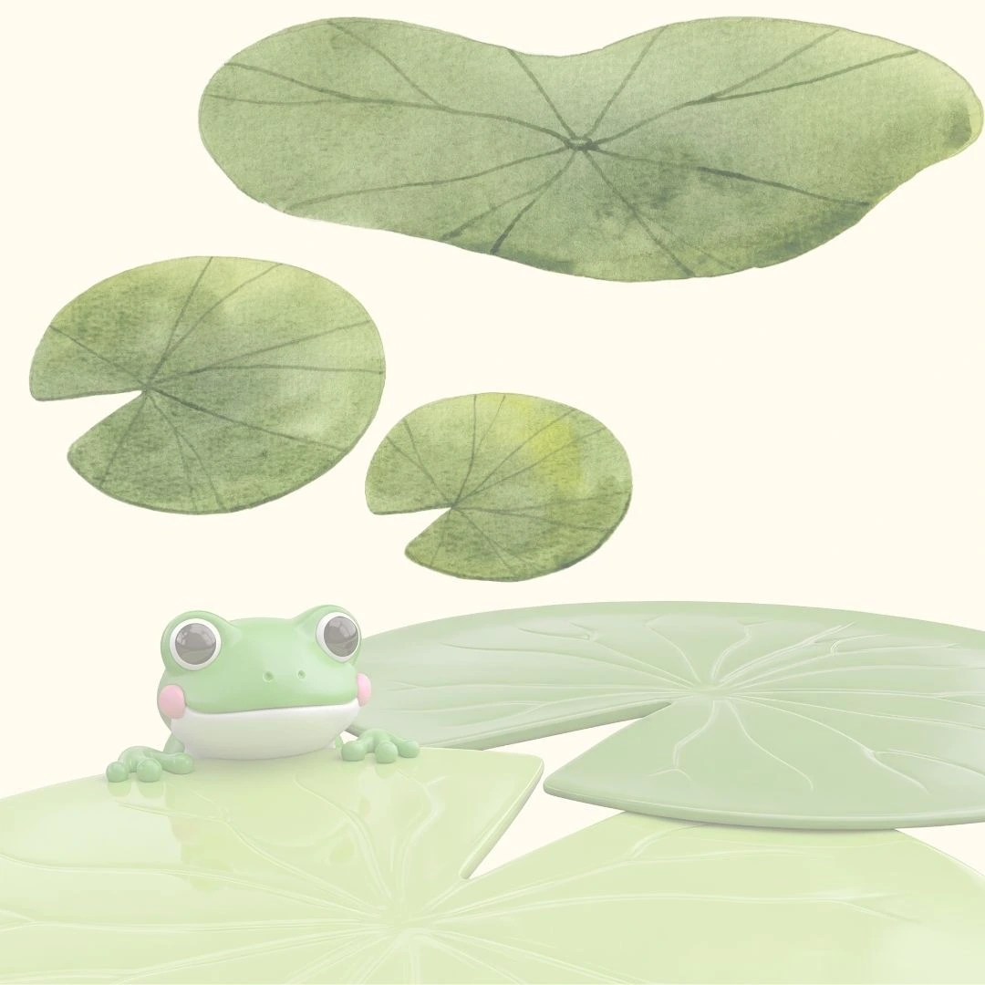 Frog illustration resting on lily pads